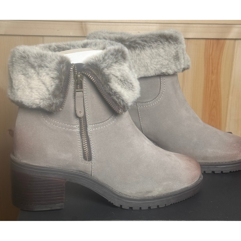 Jeanette VFL190 Taupe Faux Fur Collar Ankle Boots Block Heel Lug Sole Womens 10